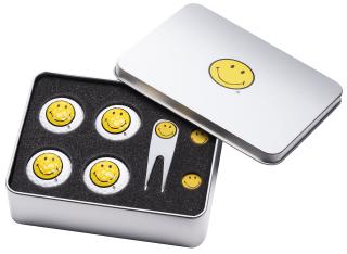 Geschenkbox Smiley mit Golfbällen, Pitchgabel und Ballmarker