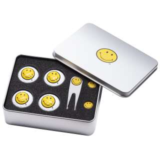 Geschenkbox Smiley mit Golfbällen, Pitchgabel und Ballmarker