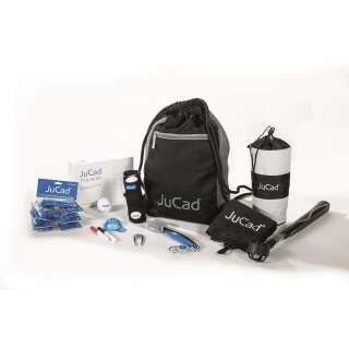 JUCAD GESCHENKSET Nr. 4 - JuCad Sportbeutel,  JuCad Rädertasche, Schlägertuch, Schlägerbürste, Teleskop-Ballangel, Pitchgabel, 
Getränkekühler, Ball- und Teehalter aus Neopren, Ballmarkerset, 12 Golfbälle und 90 Tees